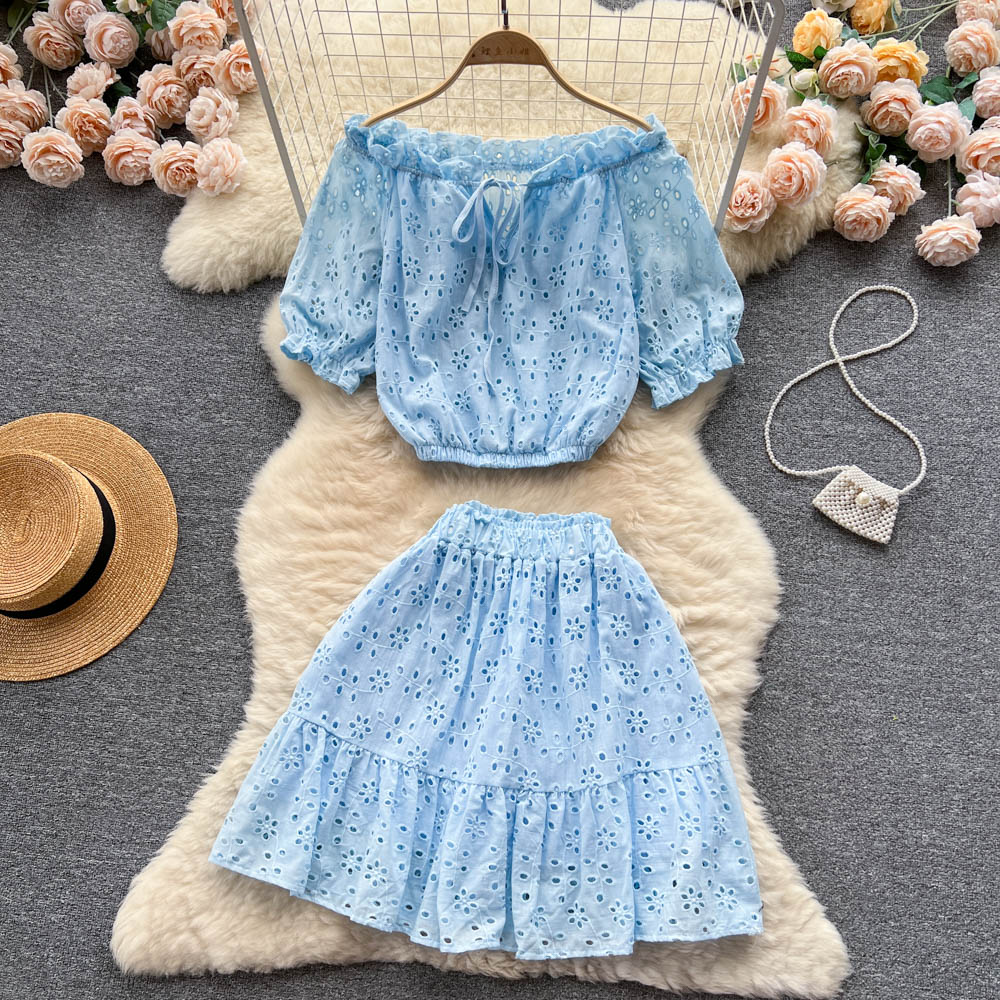 Two Piece Dress Women New Fashion Summer Slash Collar Hollow Short Sleeve Shirt Tops + High Waist Skirt Hot Girl Solid Color Two Piece Sets 2024