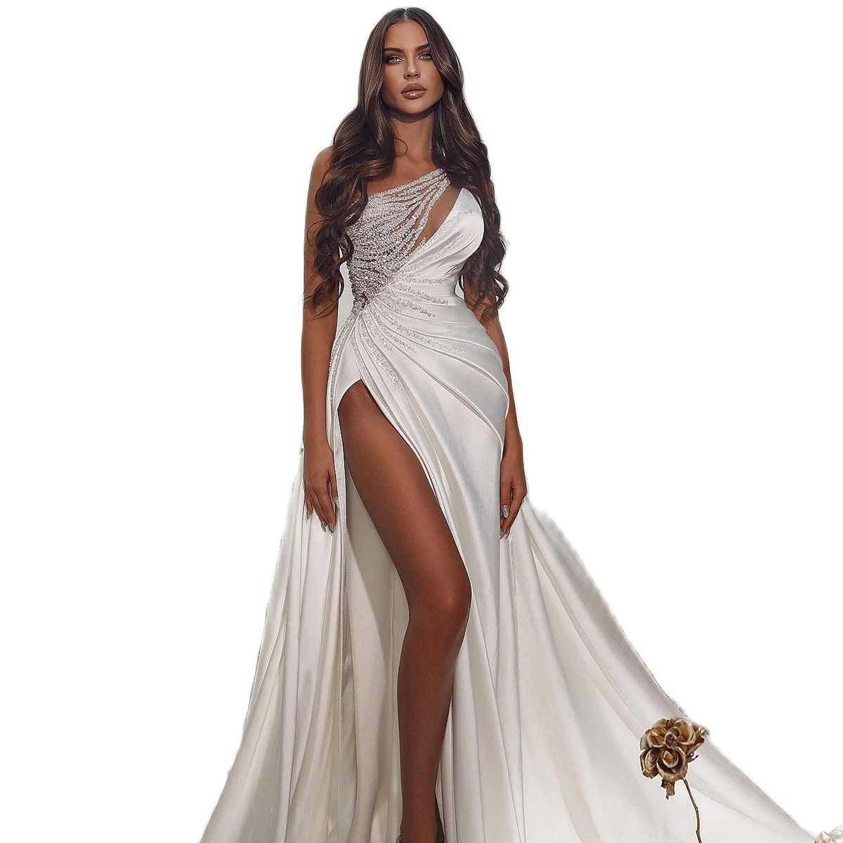 Sexy Mermaid Satin Wedding Dresses Sequins One Shoulder Bride Gowns With Pleats Zipper Back Robe De