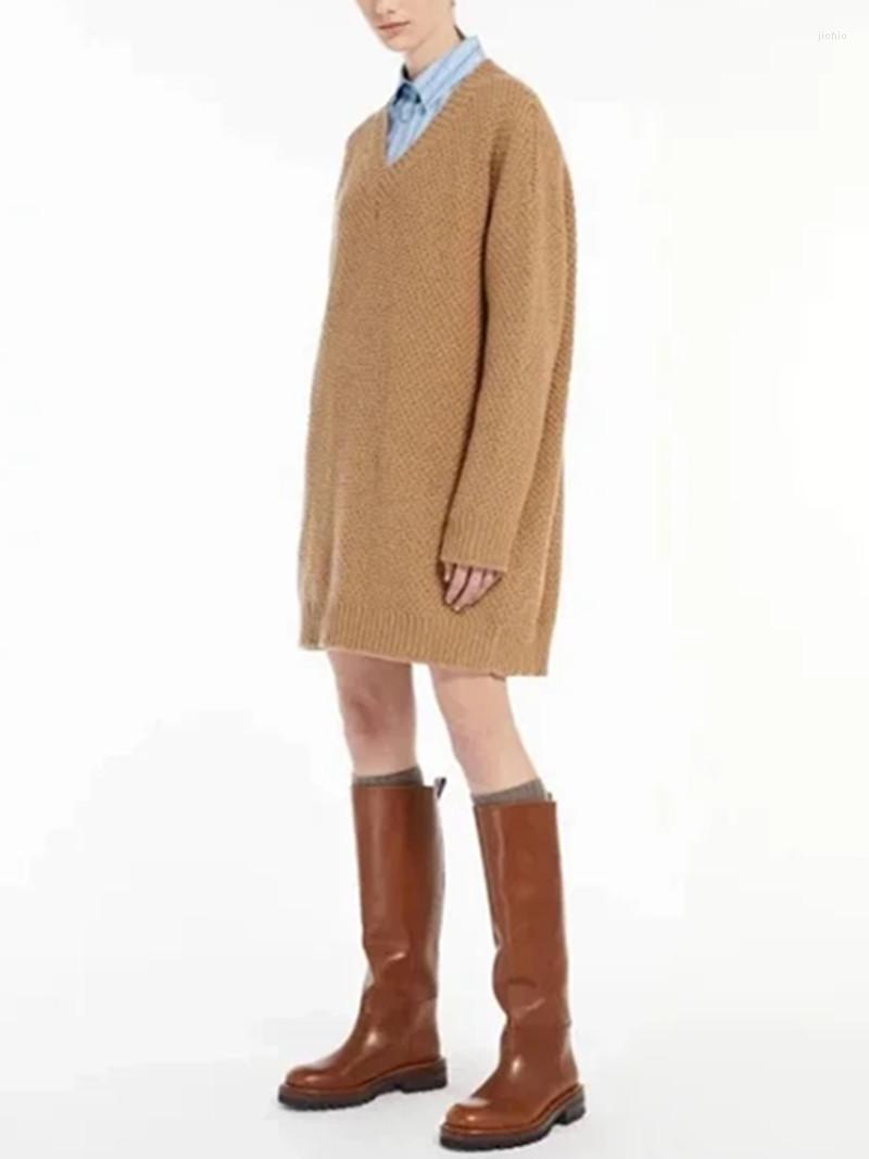 Casual Dresses Women V-neck Sweater Dress Straight Vintage Solid Color Long Sleeve Ladies Wool Loose Knit Mini Robe For Early Autumn