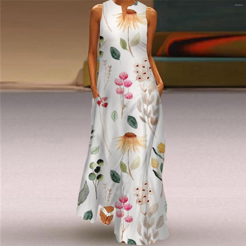 Casual Dresses Women Summer Sleeveless Print V Neck Maxi Loose Dress Boho Beach Long Sundress With Pockets High Midi