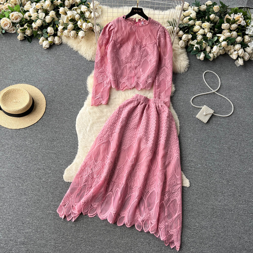 Two Piece Dress New Suits Women Round Neck Lace Stitching Wood Ear Long Sleeve Short Tops + Elastic Waist Hollow Thin Skirt Two-piece Sets 2024