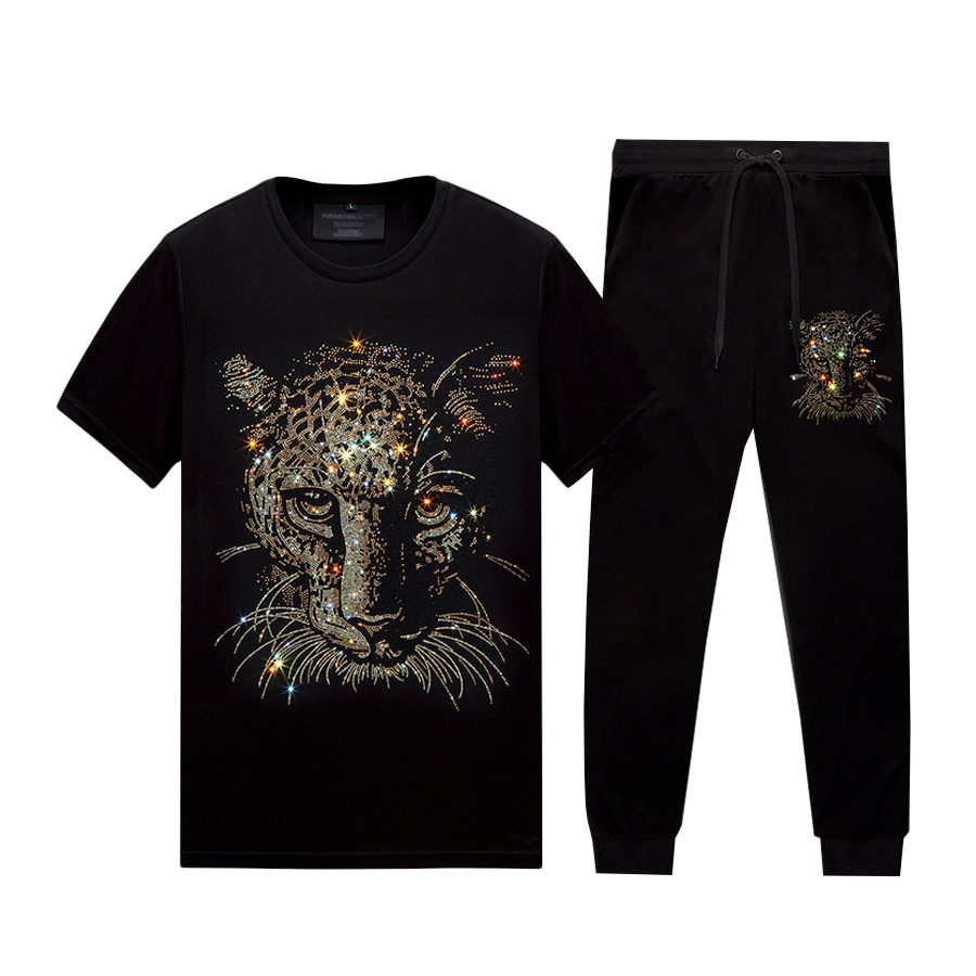 Summer Casual Rhinestone Shirts & Pants Tracksuit Men Women - Two Pieces Set Short Sleeved Tops and Leggings Black Cotton Blend, 315 
Summer Casual Rhinestone Shirts & Pants Tracksuit Men Women - Two Pieces Set Short Sleeved Tops and Leggings Black Cotton Blend, 315