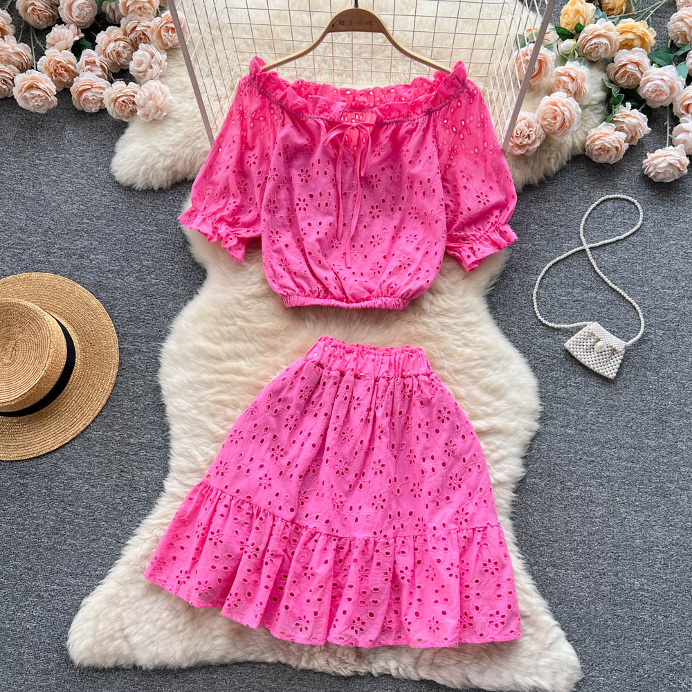 Two Piece Dress Women New Fashion Summer Slash Collar Hollow Short Sleeve Shirt Tops + High Waist Skirt Hot Girl Solid Color Two Piece Sets 2024