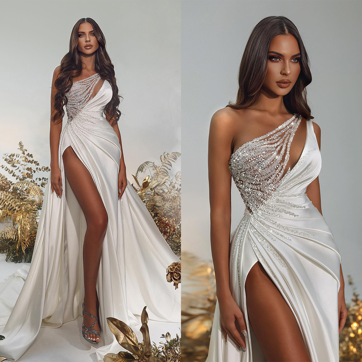 Sexy Mermaid Satin Wedding Dresses Sequins One Shoulder Bride Gowns With Pleats Zipper Back Robe De
