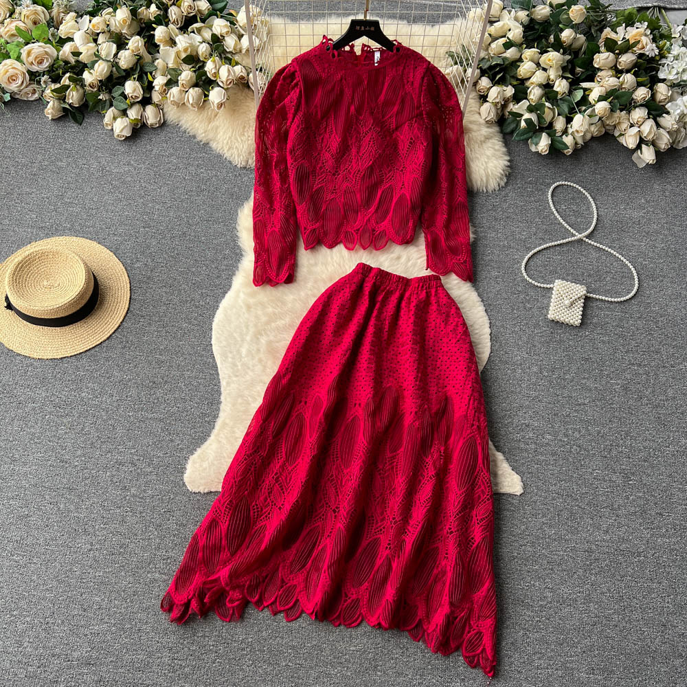 Two Piece Dress New Suits Women Round Neck Lace Stitching Wood Ear Long Sleeve Short Tops + Elastic Waist Hollow Thin Skirt Two-piece Sets 2024