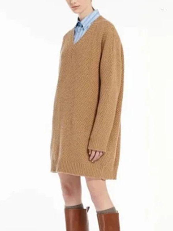 Casual Dresses Women V-neck Sweater Dress Straight Vintage Solid Color Long Sleeve Ladies Wool Loose Knit Mini Robe For Early Autumn