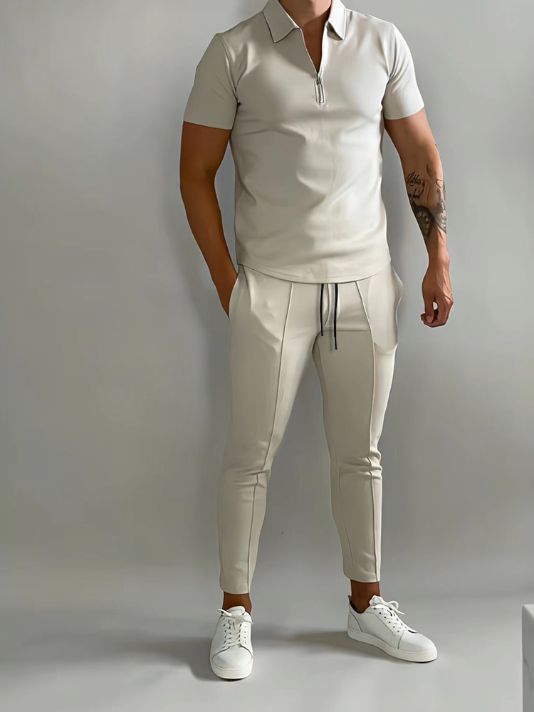 Mens Tracksuits Solid Color Suit Summer Casual Short Sleeve Polo Shirt Calf pants for Men Streetwear Male tracksuit 2piece set 230707