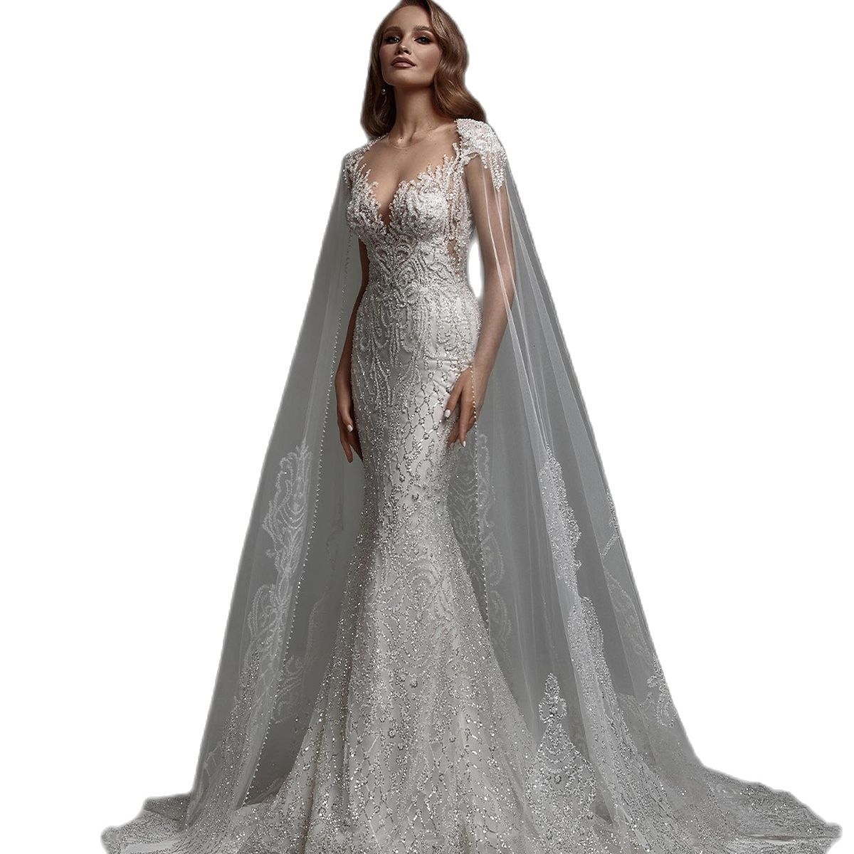 Sexy Mermaid Sparkling Wedding Dresses V Neck Short Sleeve Bride Gowns With Wraps Zipper Back Robe De