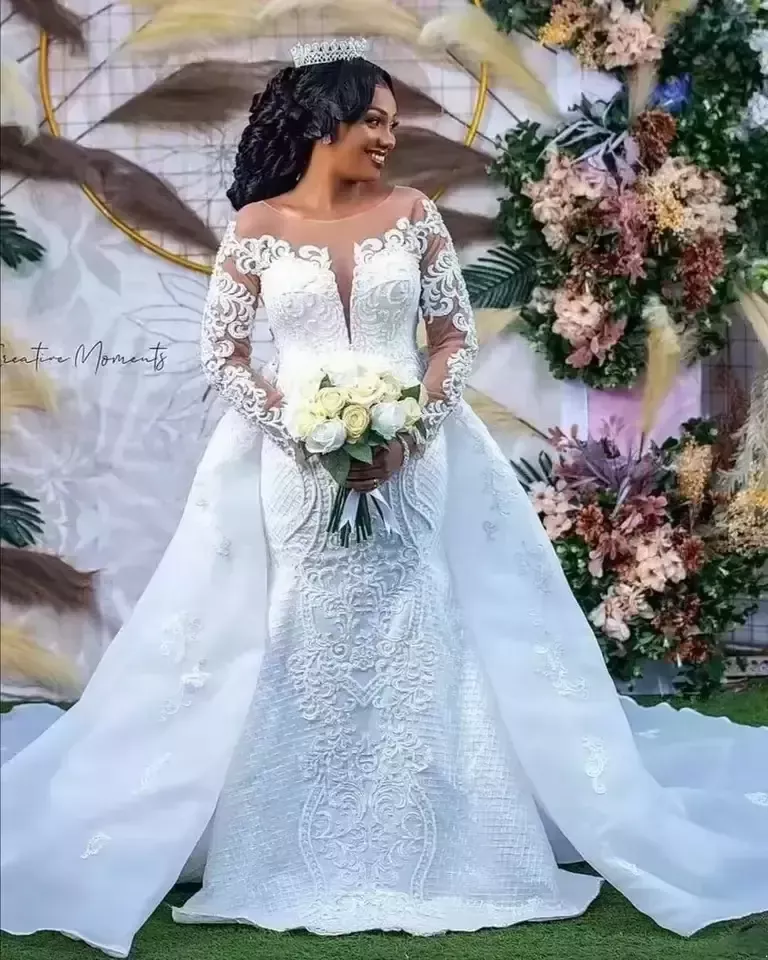 Gorgeous African White Lace Mermaid Dress Long Sleeves Scoop Neck Bridal Gowns Detachable Train Church Bride Wedding Dresses Plus Size Robe De Lz0304