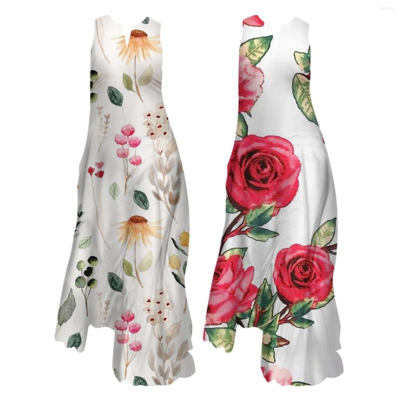 Casual Dresses Women Summer Sleeveless Print V Neck Maxi Loose Dress Boho Beach Long Sundress With Pockets High Midi