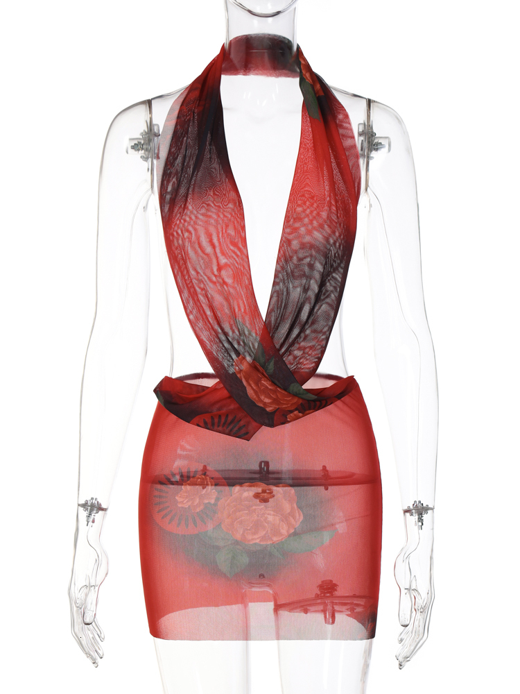 Urban Sexy Dresses Hugcitar Mesh Halter Backless Floral Print See Through Sexy Mini Dress Summer Women Fashion Y2K Evening Party Club Outfit 230707