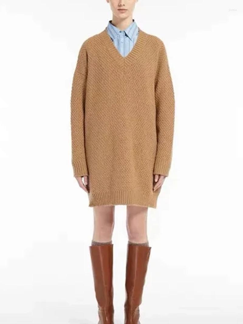 Casual Dresses Women V-neck Sweater Dress Straight Vintage Solid Color Long Sleeve Ladies Wool Loose Knit Mini Robe For Early Autumn