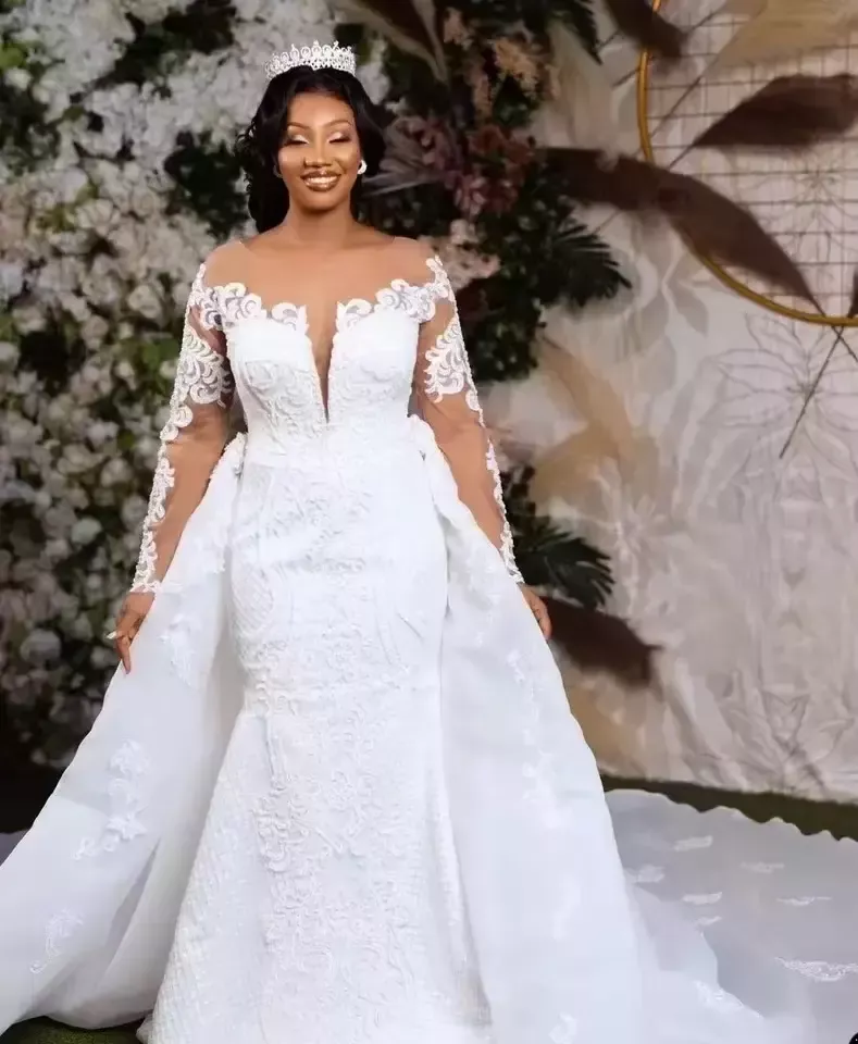 Gorgeous African White Lace Mermaid Dress Long Sleeves Scoop Neck Bridal Gowns Detachable Train Church Bride Wedding Dresses Plus Size Robe De Lz0304