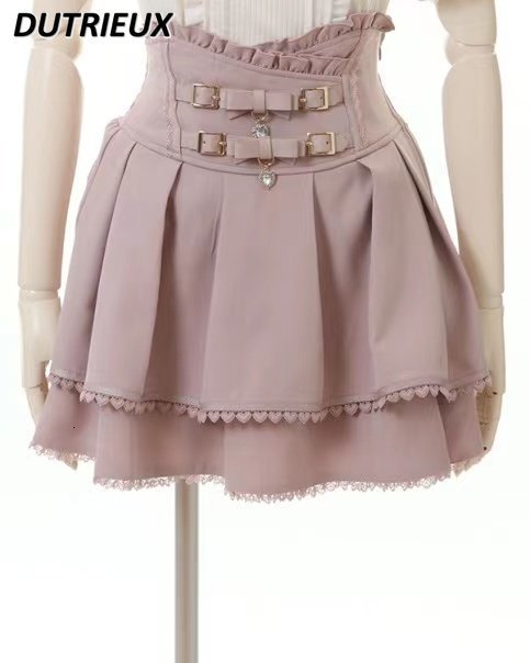 Skirts Japanese Mine Double Butterfly Braid Buckle Leather Ring High Waist Skirt Shorts Women Summer Sweet Pink Lace Pleated Skirt 230707