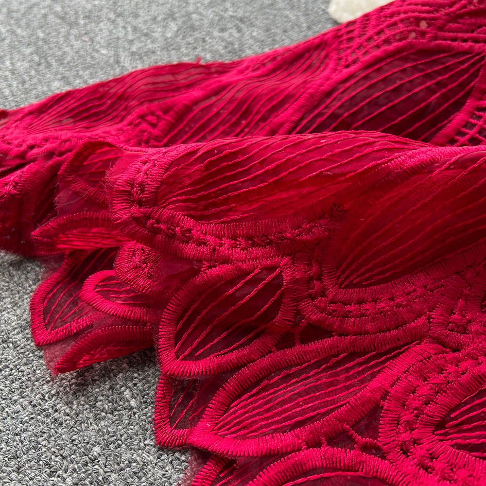 Two Piece Dress New Suits Women Round Neck Lace Stitching Wood Ear Long Sleeve Short Tops + Elastic Waist Hollow Thin Skirt Two-piece Sets 2024