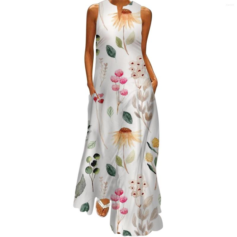 Casual Dresses Women Summer Sleeveless Print V Neck Maxi Loose Dress Boho Beach Long Sundress With Pockets High Midi
