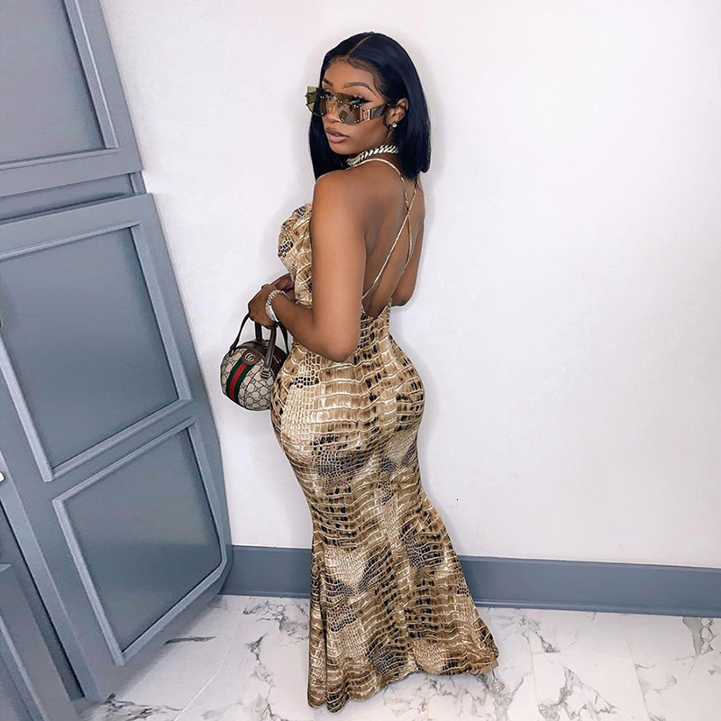 Urban Sexy Dresses Print Sexy Long Fishtail Dress For Women Robe Spaghetti Strap Sleeveless Backless Ruched Maxi Dress 416 230707