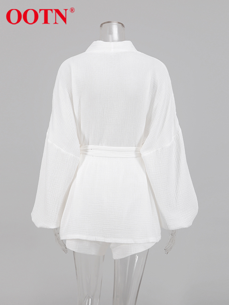 Women's Two Piece Pants OOTN Office Lady 2 Pieces Outfit 100% Cotton Wrap V-Neck Lantern Sleeve Top Sashes Summer Women Suits Elastic Waist Short