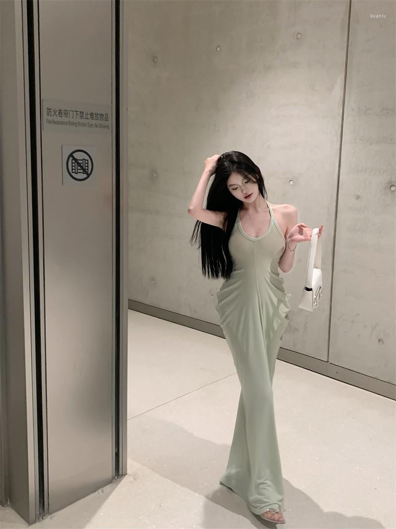 Casual Dresses Girl Green Dress Womens Sleeveless Halter Neck-mounted Sweet Slim Fit Long Draped Fashion Elegant Female Clothes