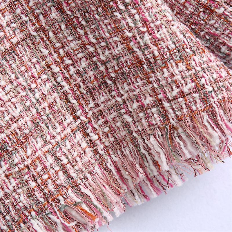 Women's Plaid Tweed Crop Blouse 3/4 Sleeve, Back Zipper, Casual Chic Top - Polyester