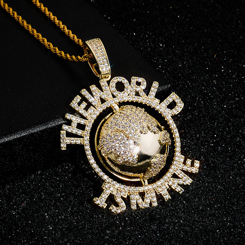 The World Is Mine Globe TopBling Men's Women 14k Gold Pendant Charm Rope Chain