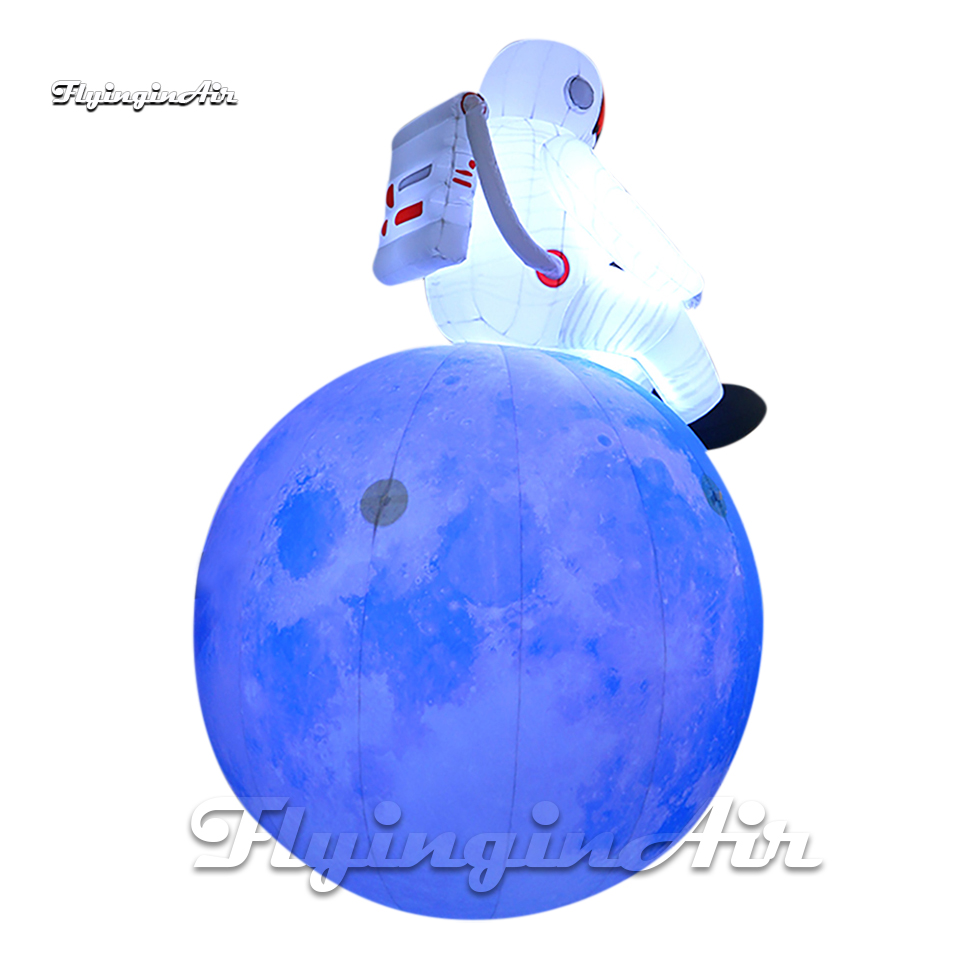 Fantastic Lighting Large Blue Inflatable Moon Planet Balloon With White Spaceman For Space Show