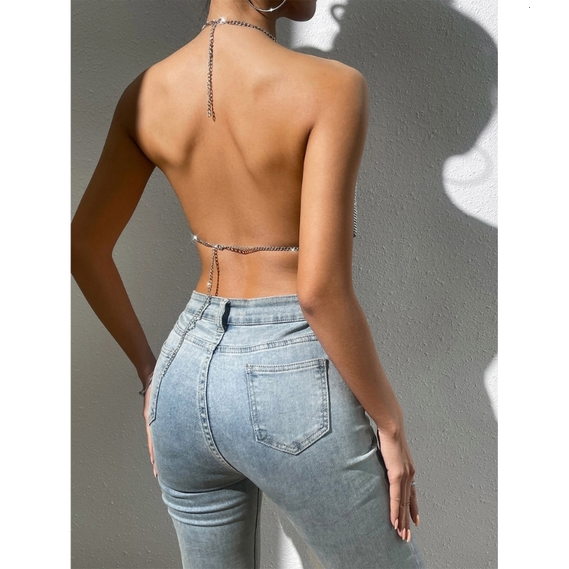 Other Fashion Accessorie s Sexy Halter Backless Metal Chain s Crop Top Deep V Neck Crystals Bandeau Vest Nightclub Body Jewelry 230710