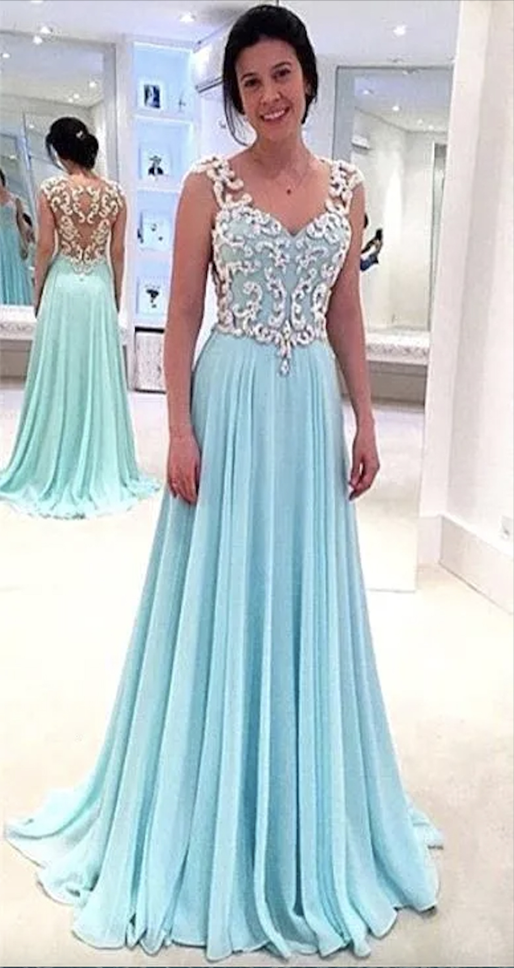 New Blue Sexy Back Design Prom Dresses Sweetheart Cap Sleeves Chiffon A-E Long Evening Gowns With Lace Appliques Lz0304