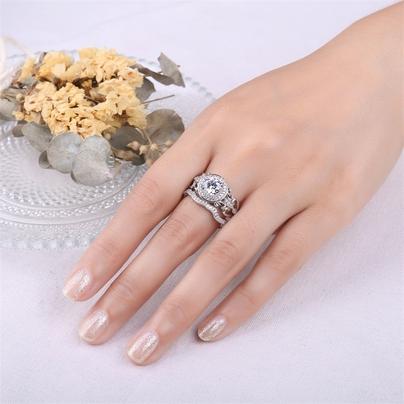 With Side Stones Jewelry 2 Pcs Solid 925 Sterling Silver Wedding Engagement Ring for Woman 15ct Simulated Diamond CZ Bridal Sets p230707
