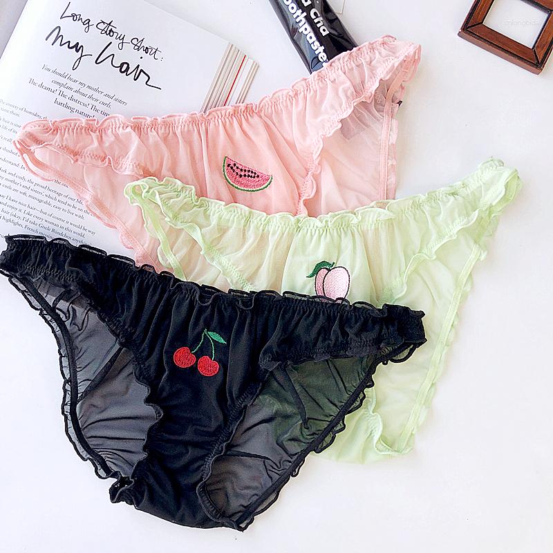 Women's Panties S-XXL Women Sexy Lace Underpants Low-waist Fruit Embroidery Perspective Briefs Female Underwear Lingerie