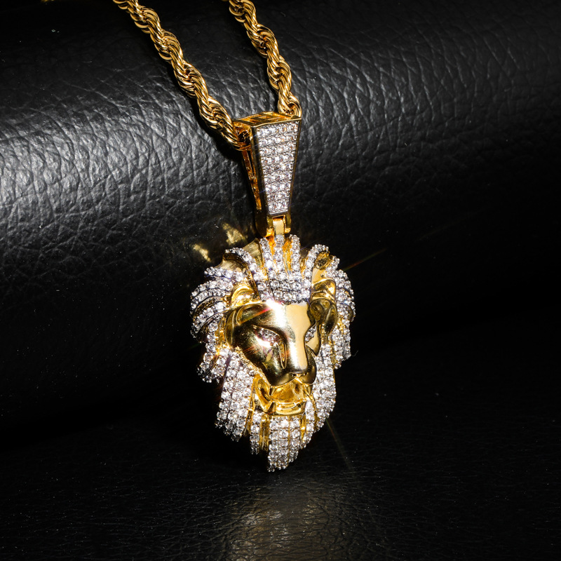 Hip Hop Lion Head Pendant Necklace TopBling Men's 14k Gold with Charm Rope Chain