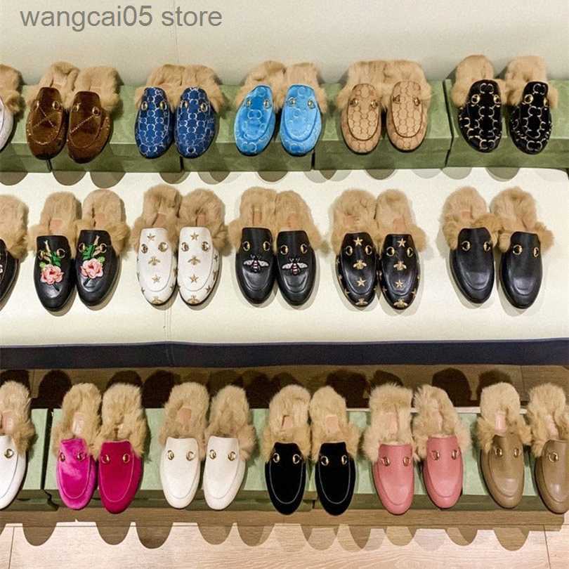 Women Princetown Loafers Autumn Winter Warm Wool Slippers Classic Metal Buckle Embroidery Sandals Men Leather Half Slipper Pattern Slide Designers slides T230710