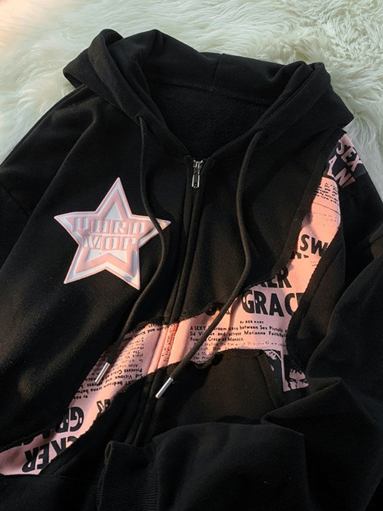 Womens Hoodies Sweatshirts Y2K Women Vintage Korean Streetwear Zip Up Star Harajuku Zipper Jackets Kpop Hip Hop Sweatshirt Tops Coats Clothes 230710