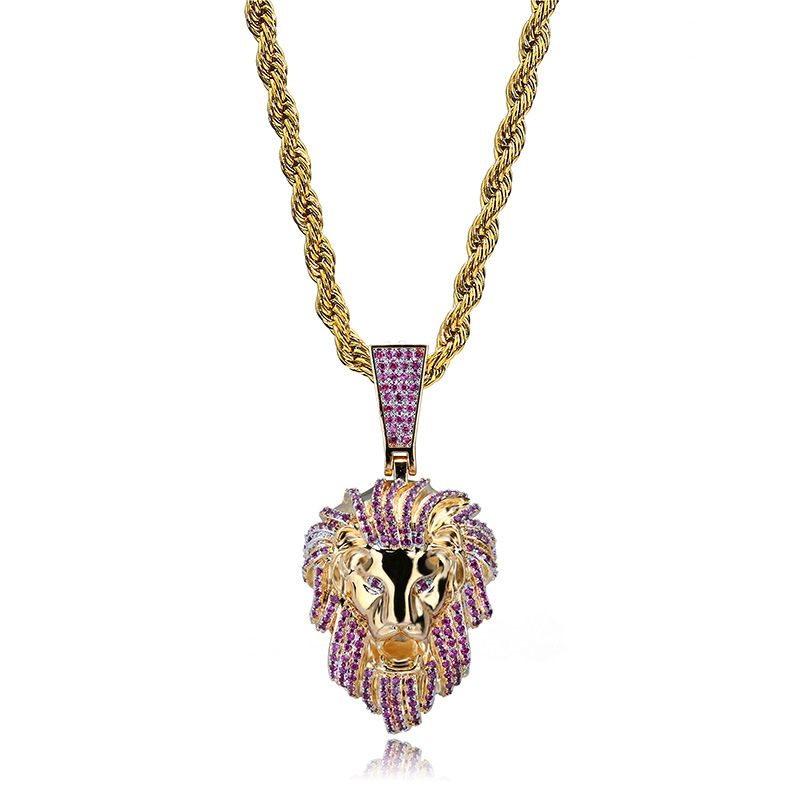 Hip Hop Lion Head Pendant Necklace TopBling Men's 14k Gold with Charm Rope Chain