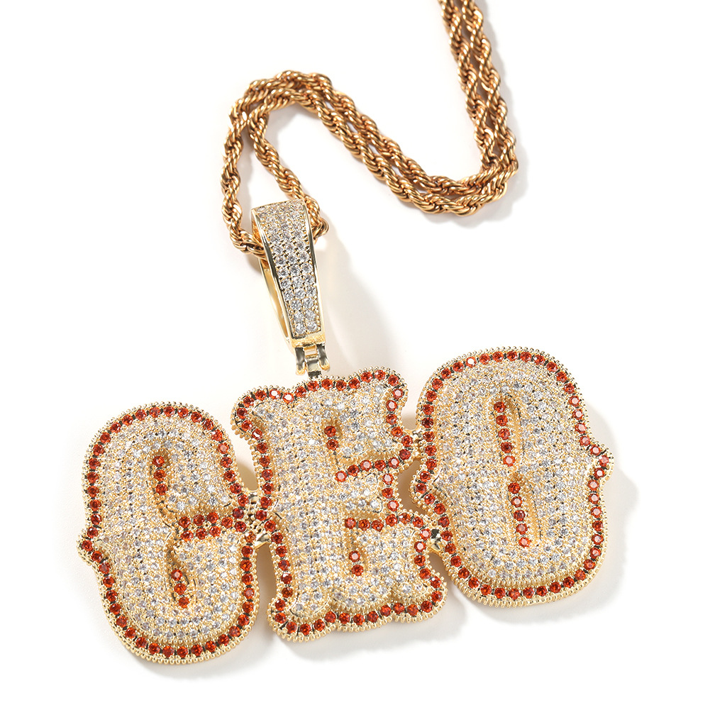 Hip Hop Custom Bubble Bone A-Z 0-9 Letters Pendant Necklace Colorful Zircon Real Gold Plated Jewelry