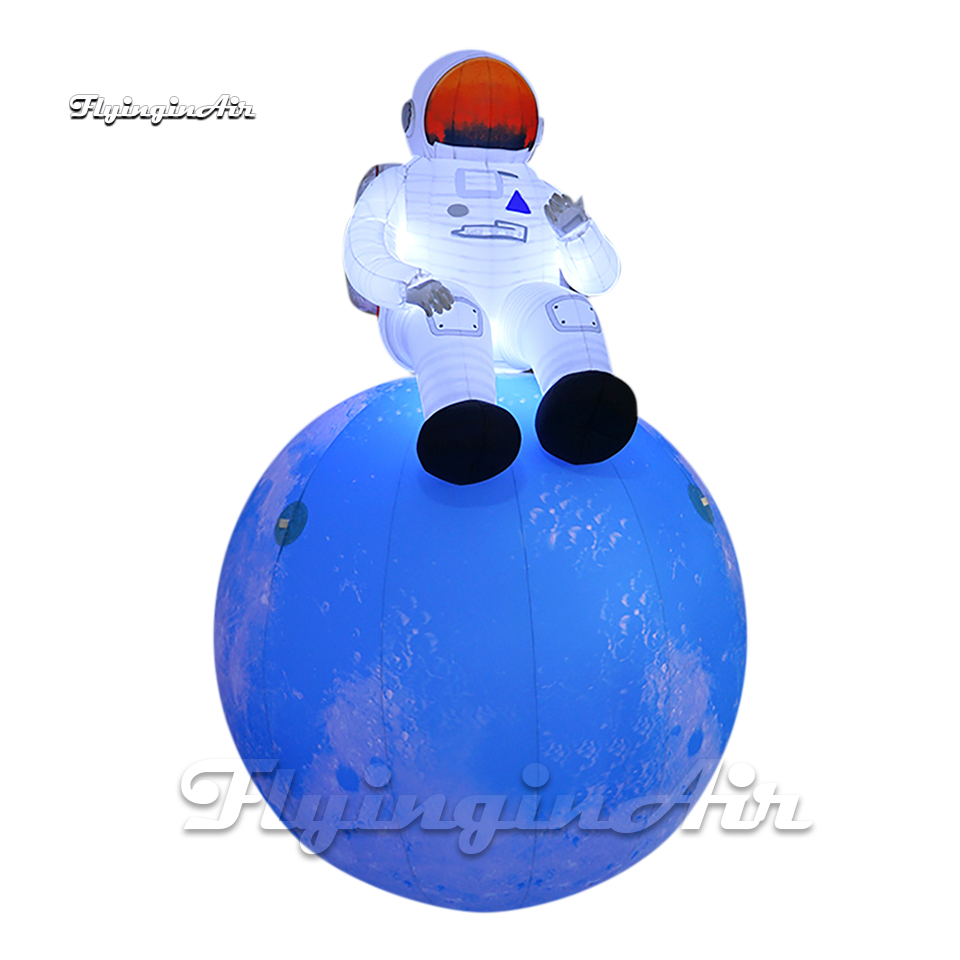Fantastic Lighting Large Blue Inflatable Moon Planet Balloon With White Spaceman For Space Show