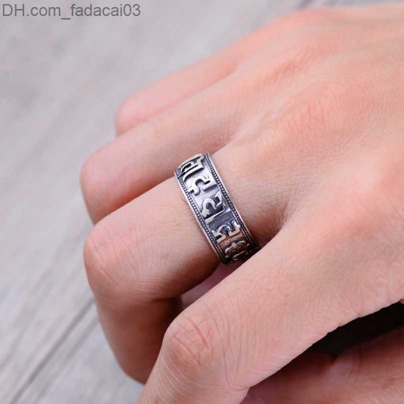 Wedding Rings S925 Sterling Silver Mantra Holy Religious Ring Thai Silver Six Character Mantra Cylinder Opening Adjustable Ring Jewelry Z230711