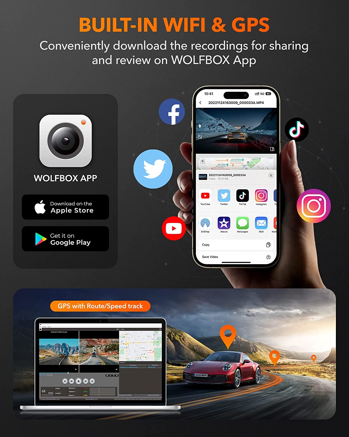 10" Car DVR Rear View Mirror Camera 2.5K Mirror Dash Cam with WiFi GPS Free 32GB Card Dash Cam Front and Rear Mirror with 1080P Backup Camera