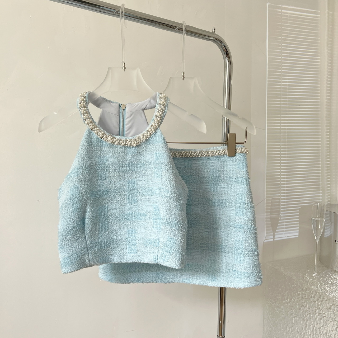 Two Piece Dress Korea Small Fragrance Summer Tweed 2 Outfits Suit Sexy Short Cropped Tops A Line High Waist Mini Skirt Mujer Set 230707