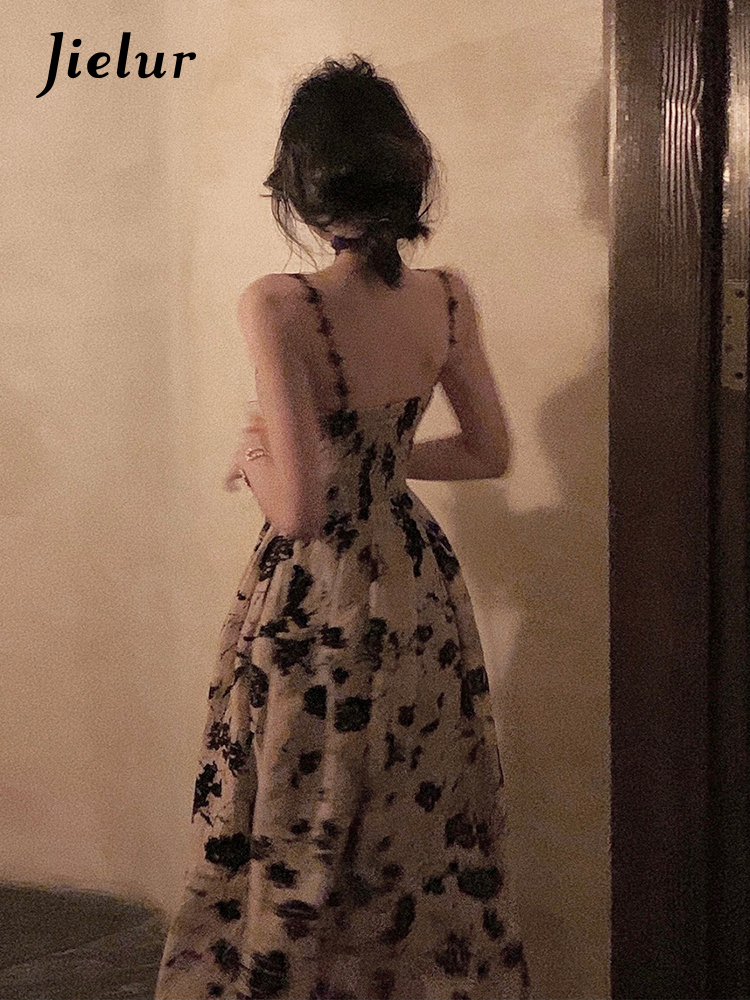 Urban Sexy Dresses Jielur Summer Floral Strap Midi Dress Women Sleeveless Elegant Vintage Dress Evening Party Dress Korean Fashion 230707