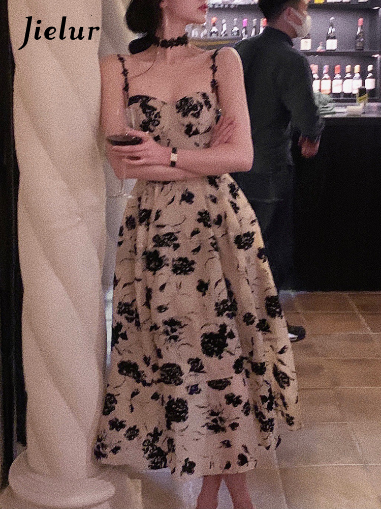 Urban Sexy Dresses Jielur Summer Floral Strap Midi Dress Women Sleeveless Elegant Vintage Dress Evening Party Dress Korean Fashion 230707