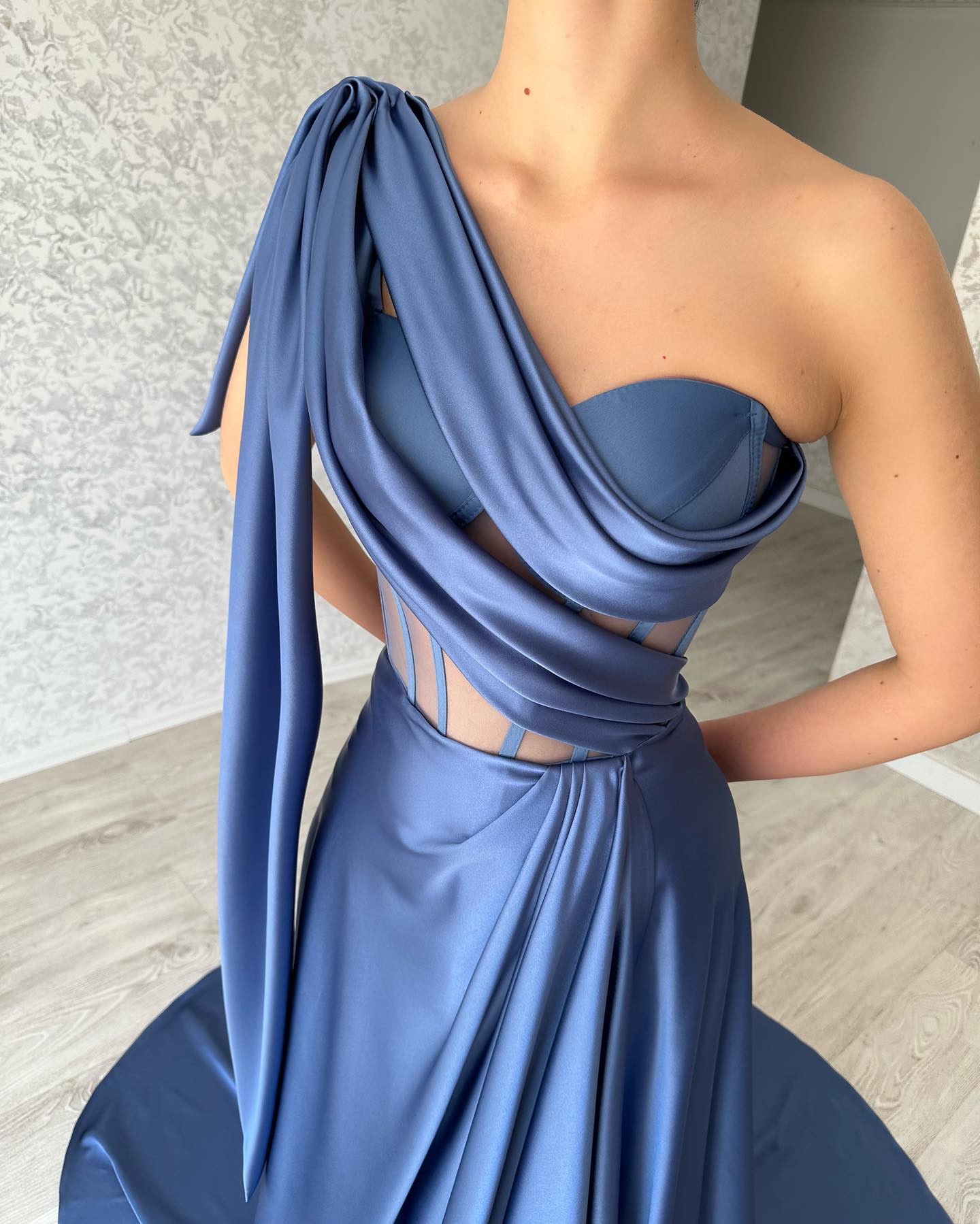 Glamourous Navy Blue Prom Dresses One Shoulder Satin Evening Gowns Bone Bodice Slit Formal Long Special Ocn Party Dress 0516