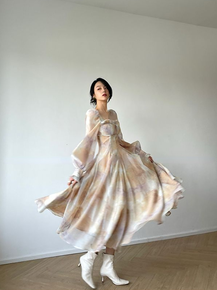 Urban Sexy Dresses Fairy Dress Korean Fashion Beach 2023 Summer Casual French Elegant Midi Woman Long Sleeve Vintage Floral 230707