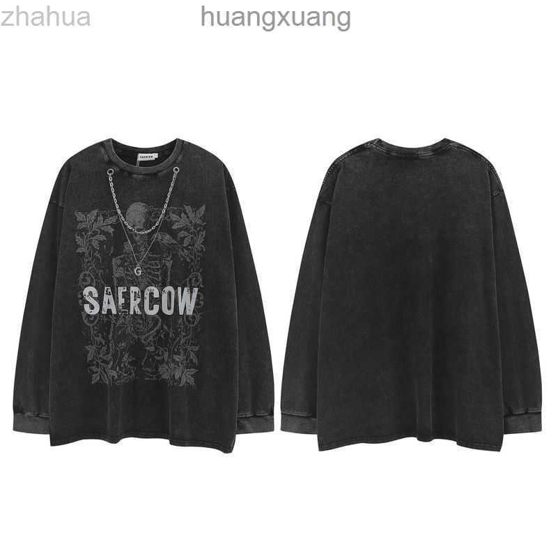 Stussys High Street West Coast Skull Dark Fashion Brand Hip Hop with Necklace Strips Men's and Women's Long Sleeve T-shirts Fashion