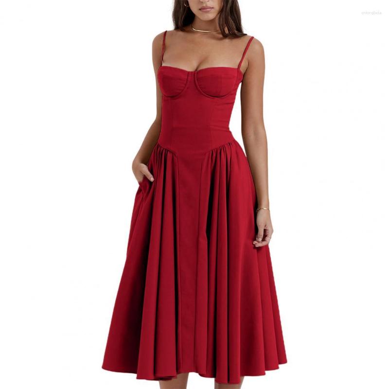 Casual Dresses Women Summer Bandeau Sling Dress Corset Design Loose Hem Pockets A-Line Midi Solid Color Party Evening