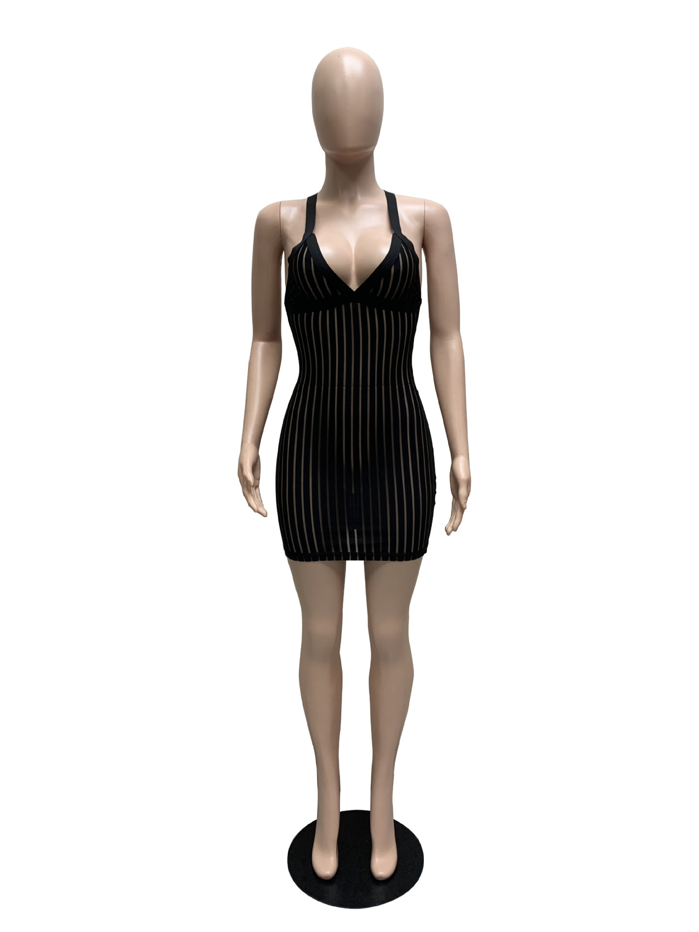 Basic Casual Dresses ANJAMANOR Sexy See Through Black Dresses Club Outfits for Women Summer Stripe Mesh Insert Deep V Mini Bodycon Dress D36AI12 23071