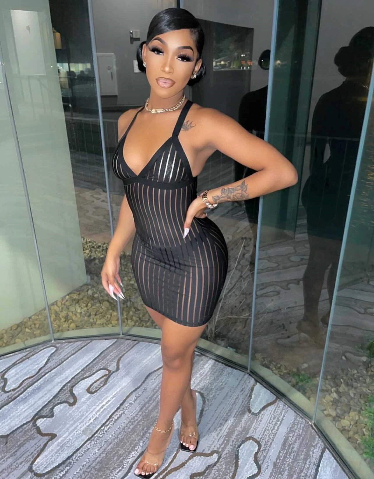 Basic Casual Dresses ANJAMANOR Sexy See Through Black Dresses Club Outfits for Women Summer Stripe Mesh Insert Deep V Mini Bodycon Dress D36AI12 23071