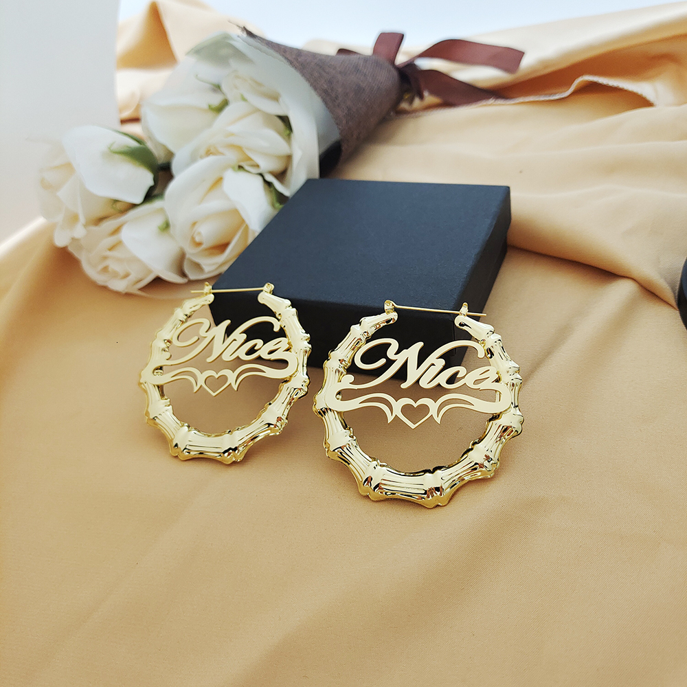 Hoop Huggie Big Earrings Bamboo Customize Name Custom Jewelry Stainless Steel Personality with gift box 230707