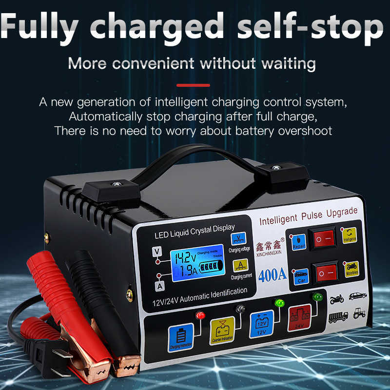 New 220W Car 12V 24V Frequency Intelligent Pulse Repair Charger Automatic High Power Battery Charge LCD Display