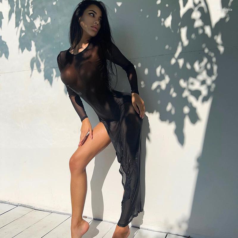 Casual Dresses Gtpdpllt Mesh Sheer Sexy Dress Summer Elegant Outfits For Women Long Sleeve Transparent Maxi Y2k Split Beach Bodycon